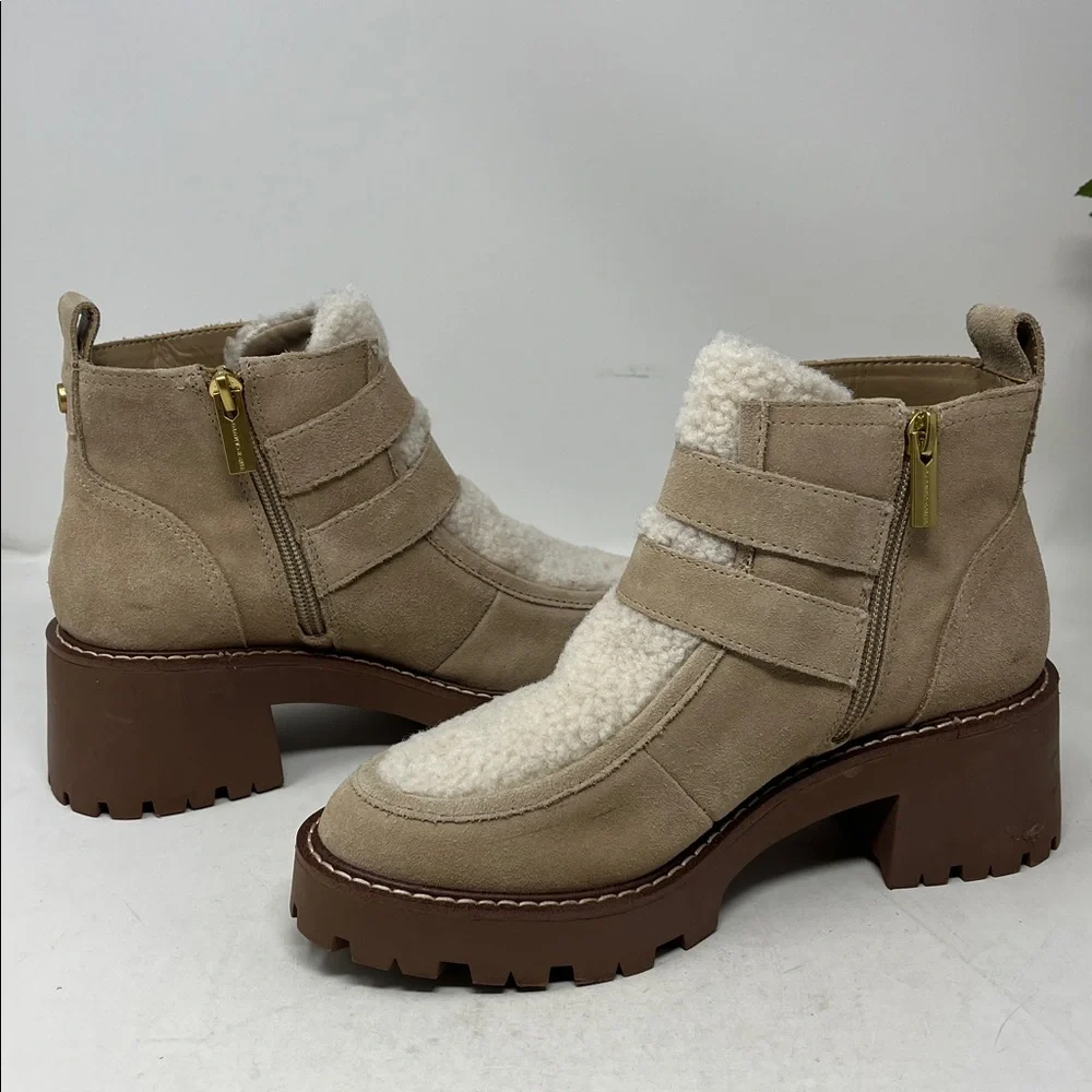 VINCE CAMUTO Destonny Cozy Buckle Booties Tan Suede and Sherpa Side Zip Sz 6 new